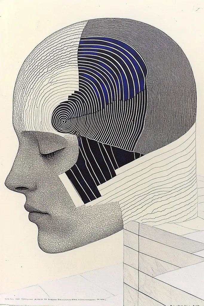 Midjourney generated image using SREF code Lineage Nexus: A drawing of a woman's face with a blue and white pattern on it.