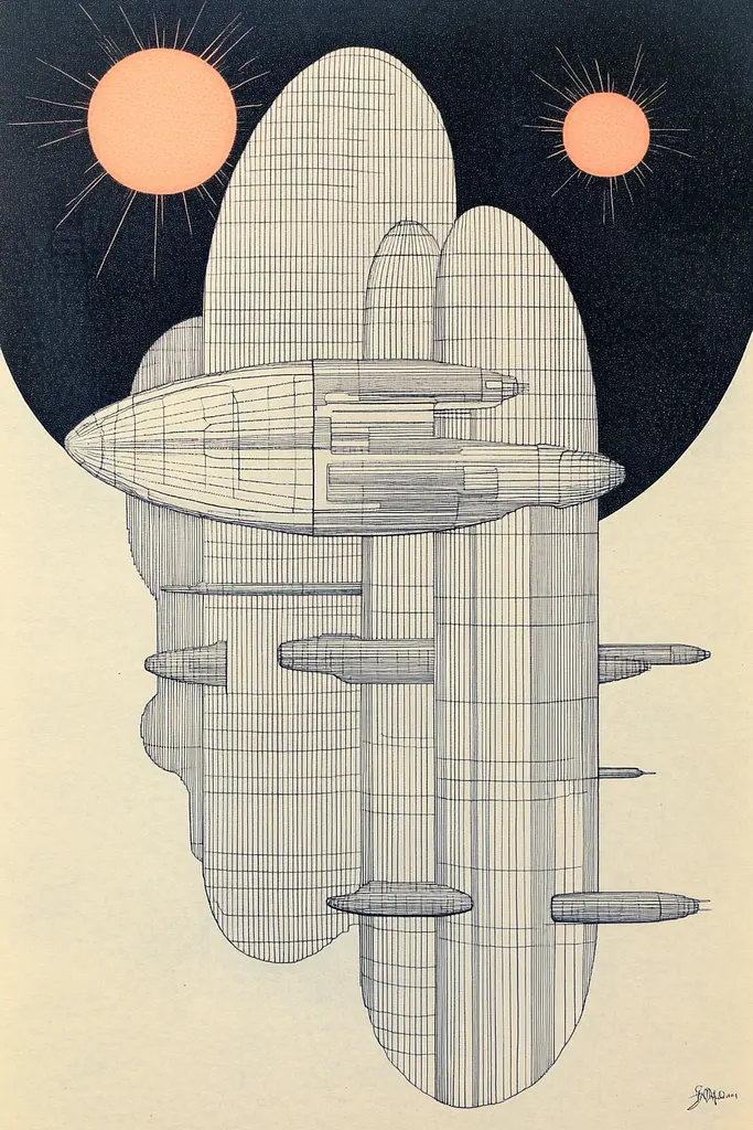 Midjourney generated image using SREF code Lineage Nexus: A drawing of a spaceship flying through the sky.