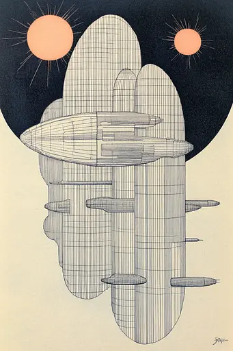 Midjourney generated image using SREF code Lineage Nexus: A drawing of a spaceship flying through the sky.