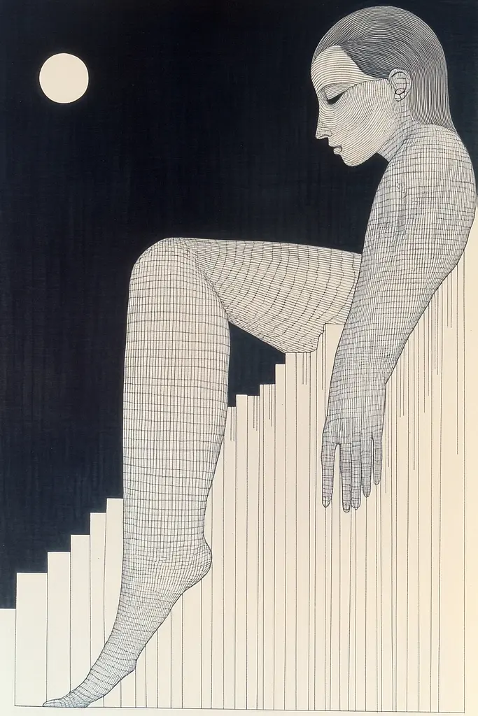 Midjourney generated image using SREF code Lineage Nexus: A black and white drawing of a woman sitting on a stairway.