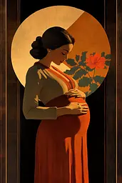 Midjourney generated image using SREF code Geometric Echoes: A pregnant woman in a red dress holding a flower.