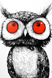 Midjourney generated image using SREF code Mono Dreamscape: A drawing of an owl with red eyes.