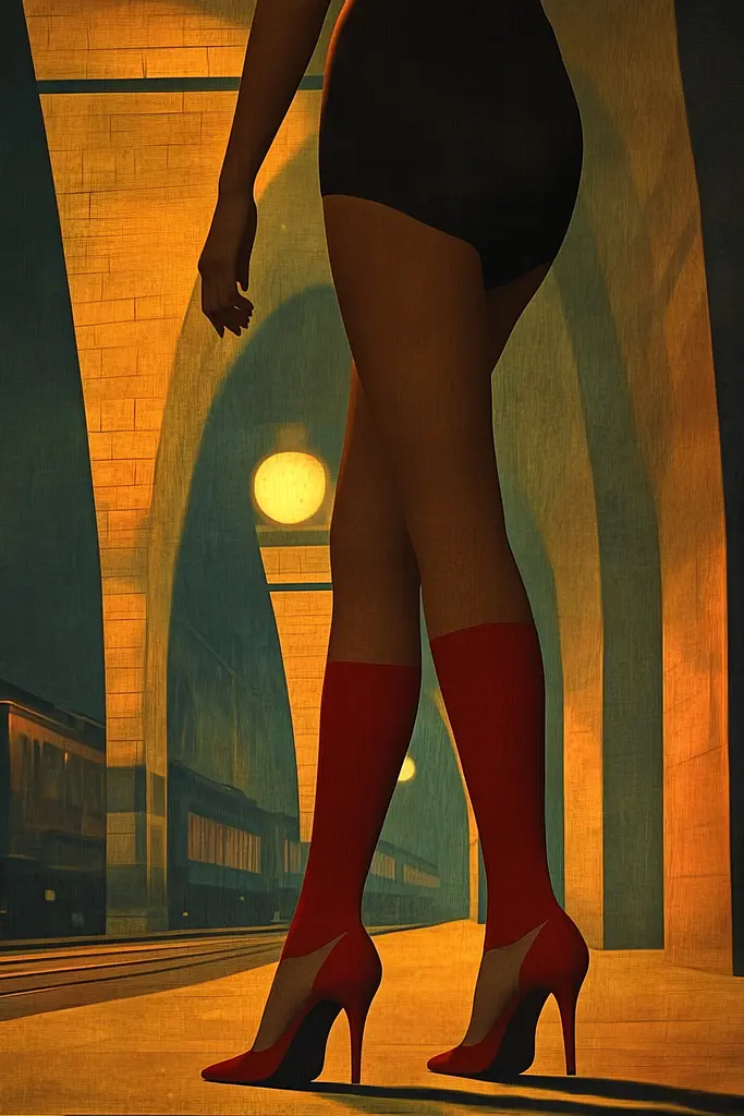 Midjourney generated image using SREF code Geometric Echoes: A painting of a woman in red stockings and high heels.