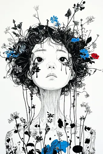 Midjourney generated image using SREF code Mono Dreamscape: A black and white drawing of a girl with flowers in her hair.