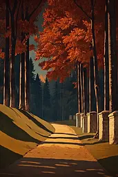 Midjourney generated image using SREF code Geometric Echoes: A painting of a road lined with trees in the fall.