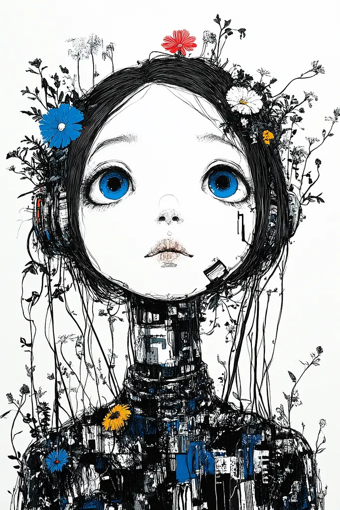 Midjourney generated image using SREF code Mono Dreamscape: A drawing of a girl with blue eyes and flowers in her hair.