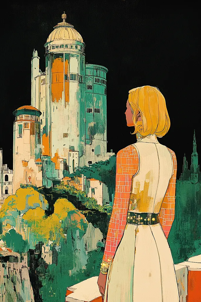 Midjourney generated image using SREF code Retro Flashback: A painting of a woman standing in front of a castle.