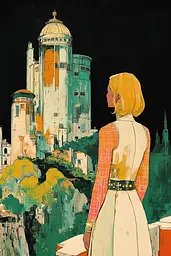 Midjourney generated image using SREF code Retro Flashback: A painting of a woman standing in front of a castle.