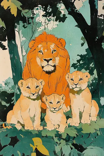 Midjourney generated image using SREF code Retro Flashback: A painting of a lion and three cubs in the jungle.