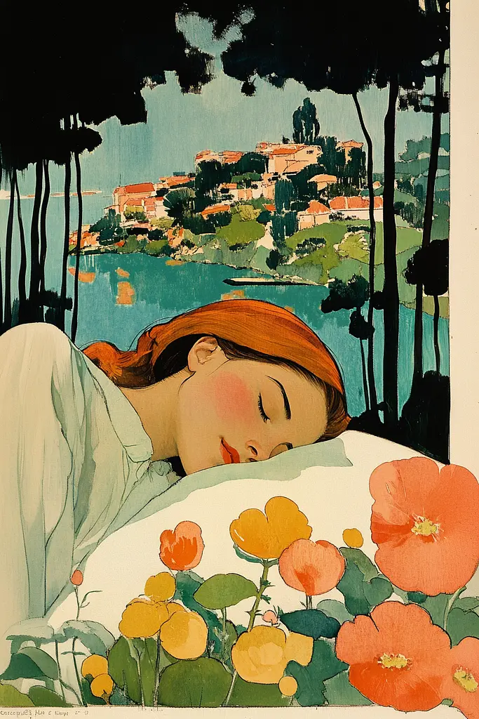 Midjourney generated image using SREF code Retro Flashback: A painting of a woman sleeping in a bed of flowers.