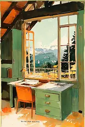 Midjourney generated image using SREF code Retro Flashback: A painting of a desk and chair in front of a window.