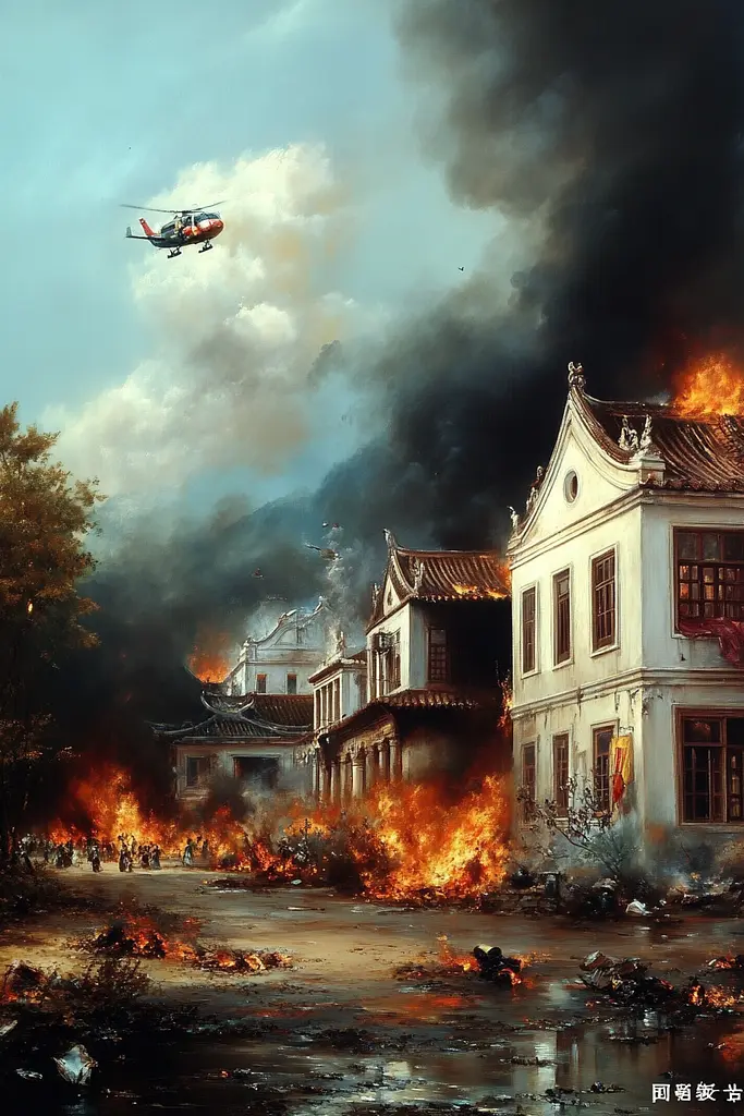 Midjourney generated image using SREF code Temporal Charades: A painting of a helicopter flying over a burning building.