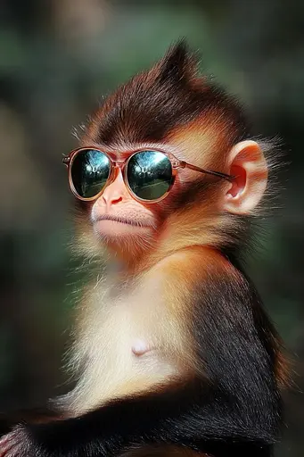 Midjourney generated image using SREF code Temporal Charades: A monkey wearing sunglasses sitting on top of a tree.