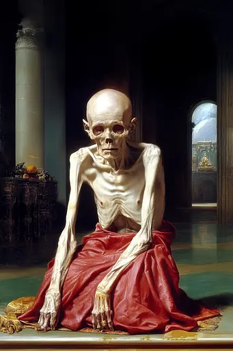 Midjourney generated image using SREF code Temporal Charades: A painting of a skeleton sitting on a red cloth.