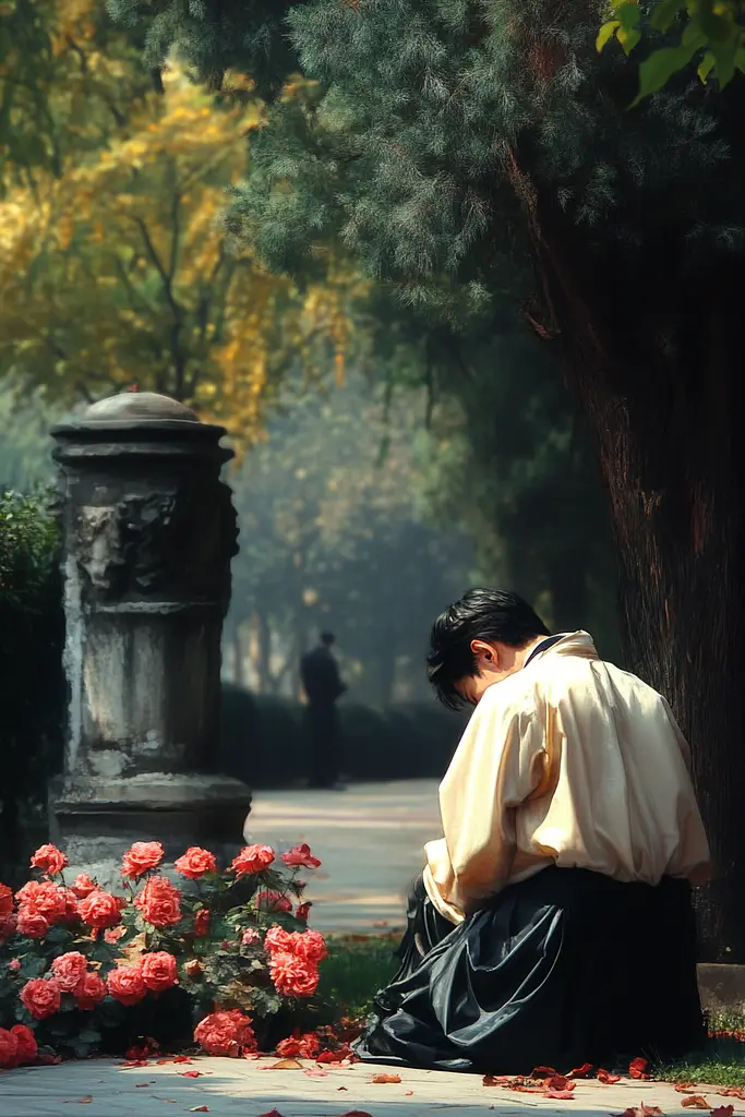 Midjourney generated image using SREF code Temporal Charades: A man sitting on the ground next to a bunch of flowers.