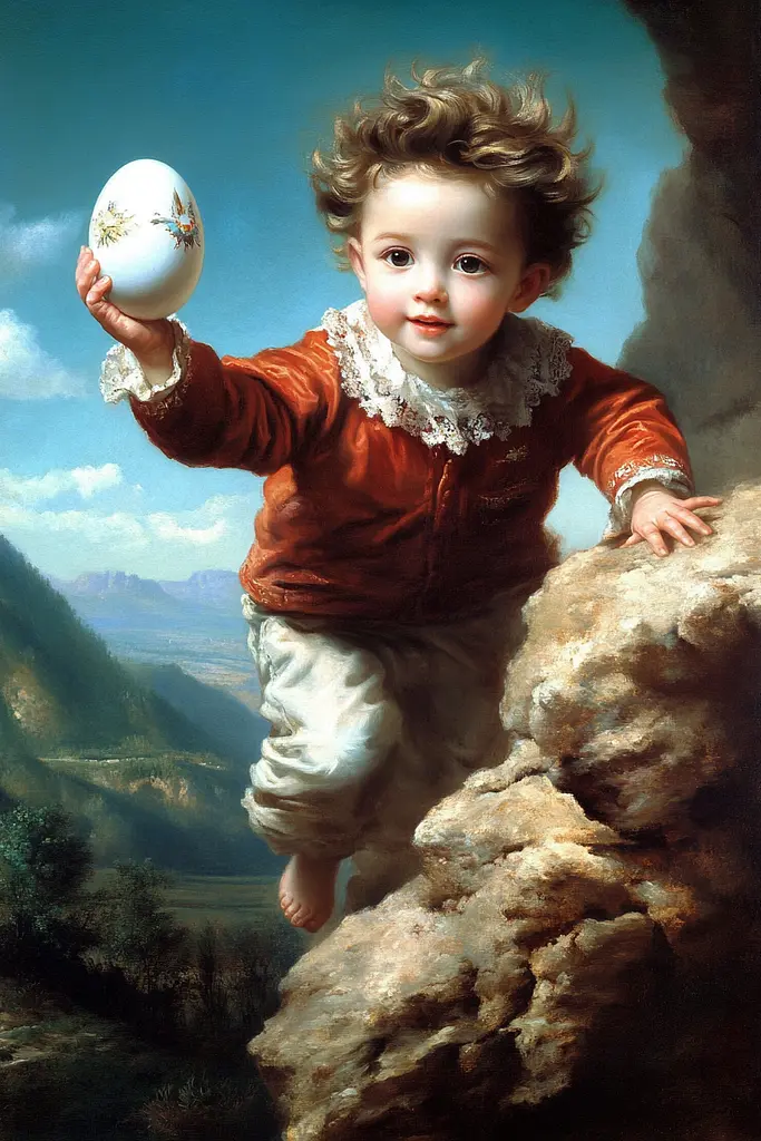 Midjourney generated image using SREF code Temporal Charades: A painting of a child holding an egg on a rock.