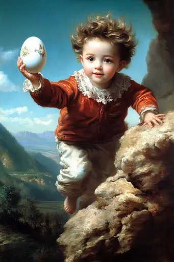 Midjourney generated image using SREF code Temporal Charades: A painting of a child holding an egg on a rock.