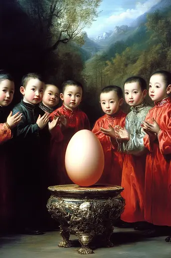 Midjourney generated image using SREF code Temporal Charades: A painting of a group of children standing around an egg.