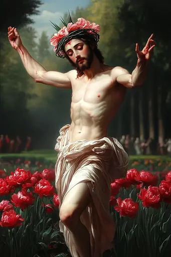 Midjourney generated image using SREF code Temporal Charades: A painting of Jesus walking through a field of red flowers.