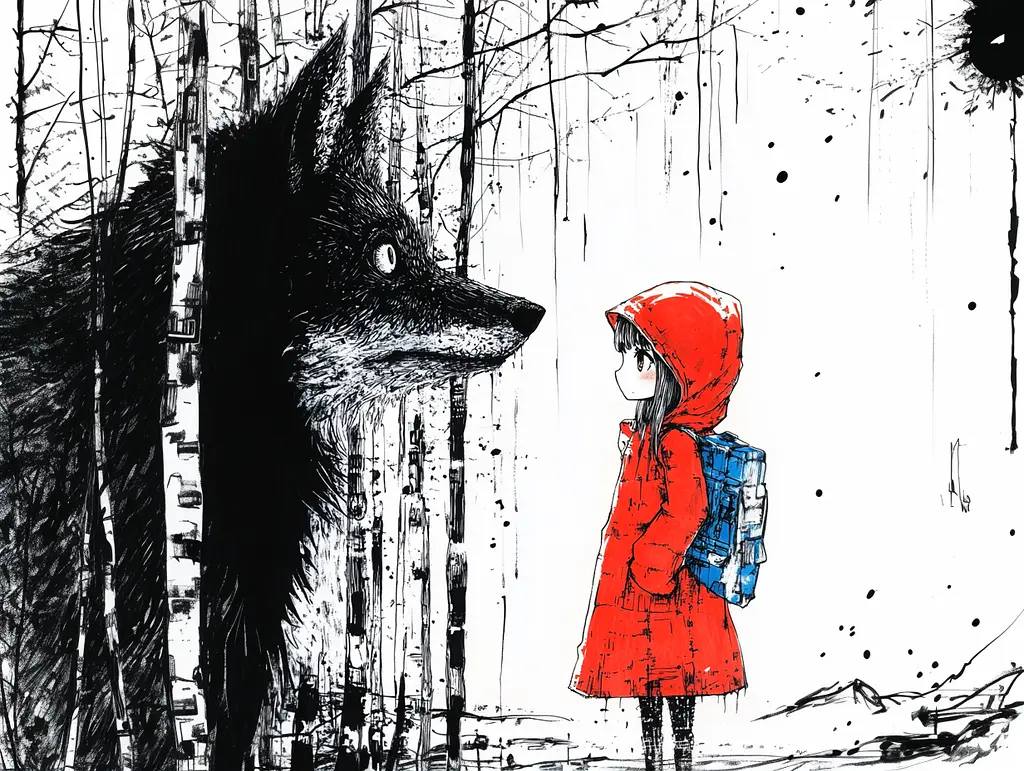 Midjourney generated image using SREF code Mono Dreamscape: A little girl in a red hoodie standing next to a wolf.