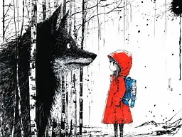 Midjourney generated image using SREF code Mono Dreamscape: A little girl in a red hoodie standing next to a wolf.