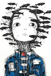 Midjourney generated image using SREF code Mono Dreamscape: A drawing of a boy with a bunch of fish on his head.