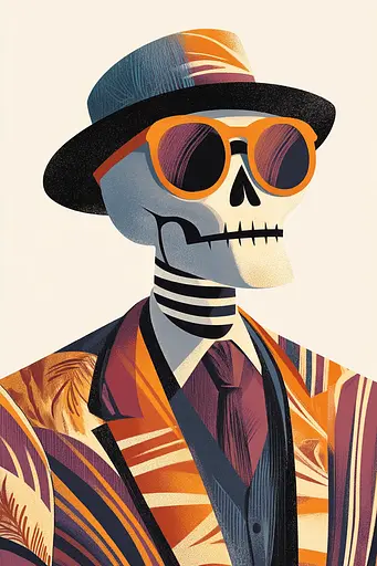 Midjourney generated image using SREF code Amber Realms: A skeleton wearing a suit and hat with sunglasses.