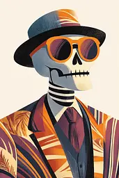 Midjourney generated image using SREF code Amber Realms: A skeleton wearing a suit and hat with sunglasses.