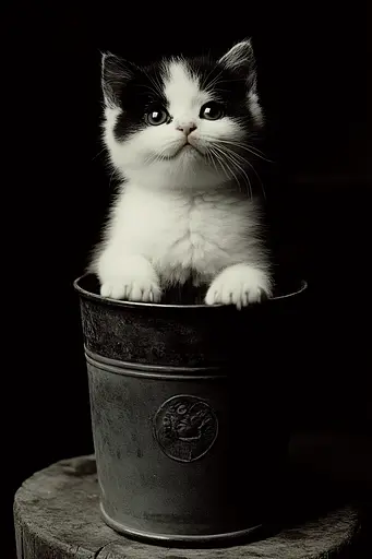 Midjourney generated image using SREF code Shadowed Whim: A black and white kitten sitting in a metal bucket.