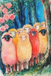 Midjourney generated image using SREF code Psycho-Dreamland: A painting of a group of sheep standing next to a tree.