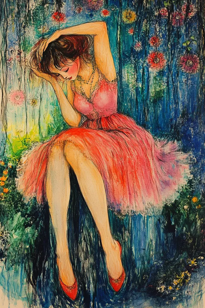 Midjourney generated image using SREF code Psycho-Dreamland: A painting of a woman in a pink dress sitting on a bench.