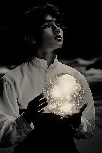 Midjourney generated image using SREF code Shadowed Whim: A man holding a crystal ball in his hands.