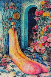 Midjourney generated image using SREF code Psycho-Dreamland: A painting of a woman sitting in a room with flowers.