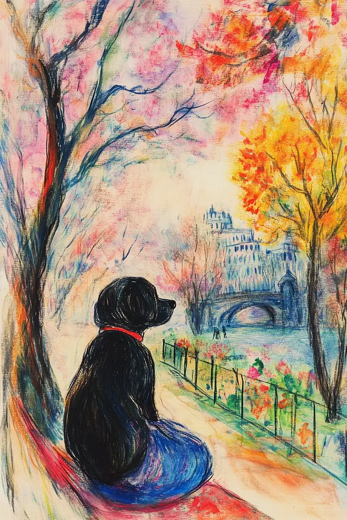 Midjourney generated image using SREF code Psycho-Dreamland: A painting of a black dog sitting on a bench in a park.