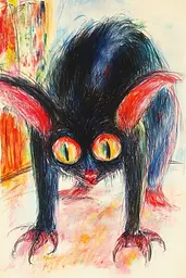 Midjourney generated image using SREF code Psycho-Dreamland: A drawing of a black cat with yellow eyes.