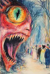 Midjourney generated image using SREF code Psycho-Dreamland: A drawing of a monster with its mouth open in front of a crowd.