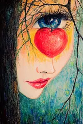 Midjourney generated image using SREF code Psycho-Dreamland: A painting of a woman with a red heart on her face.