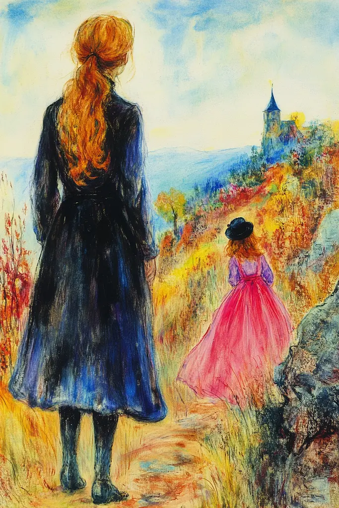 Midjourney generated image using SREF code Psycho-Dreamland: A painting of a woman and a little girl walking down a path.