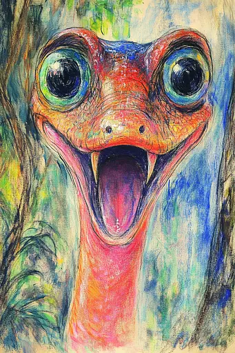 Midjourney generated image using SREF code Psycho-Dreamland: A drawing of an ostrich with its mouth open and tongue out.