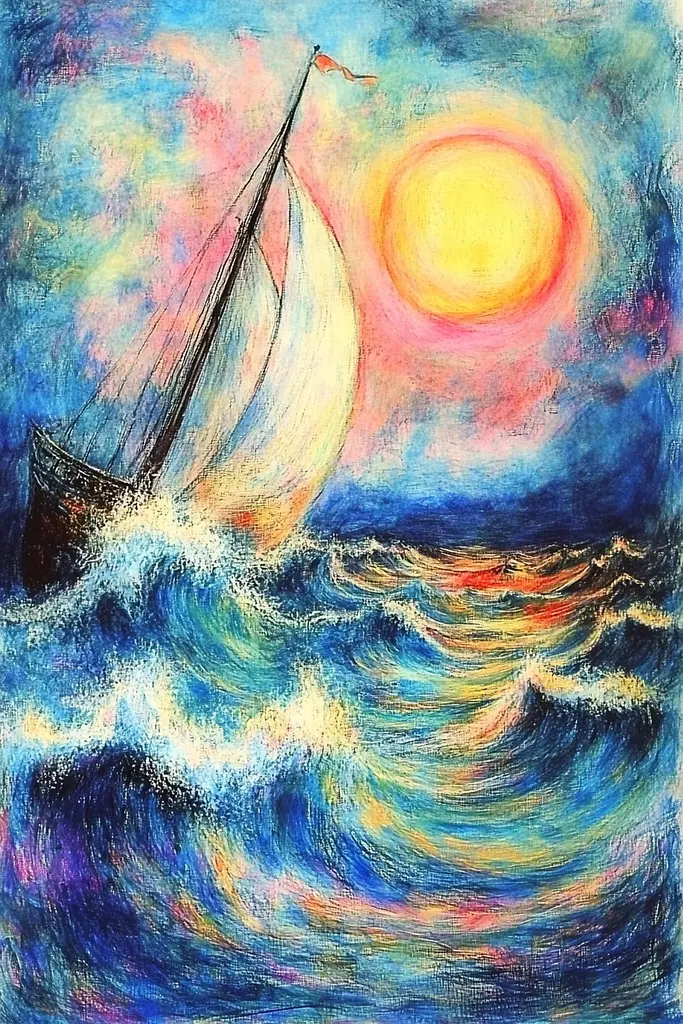 Midjourney generated image using SREF code Psycho-Dreamland: A painting of a sailboat in the ocean at sunset.