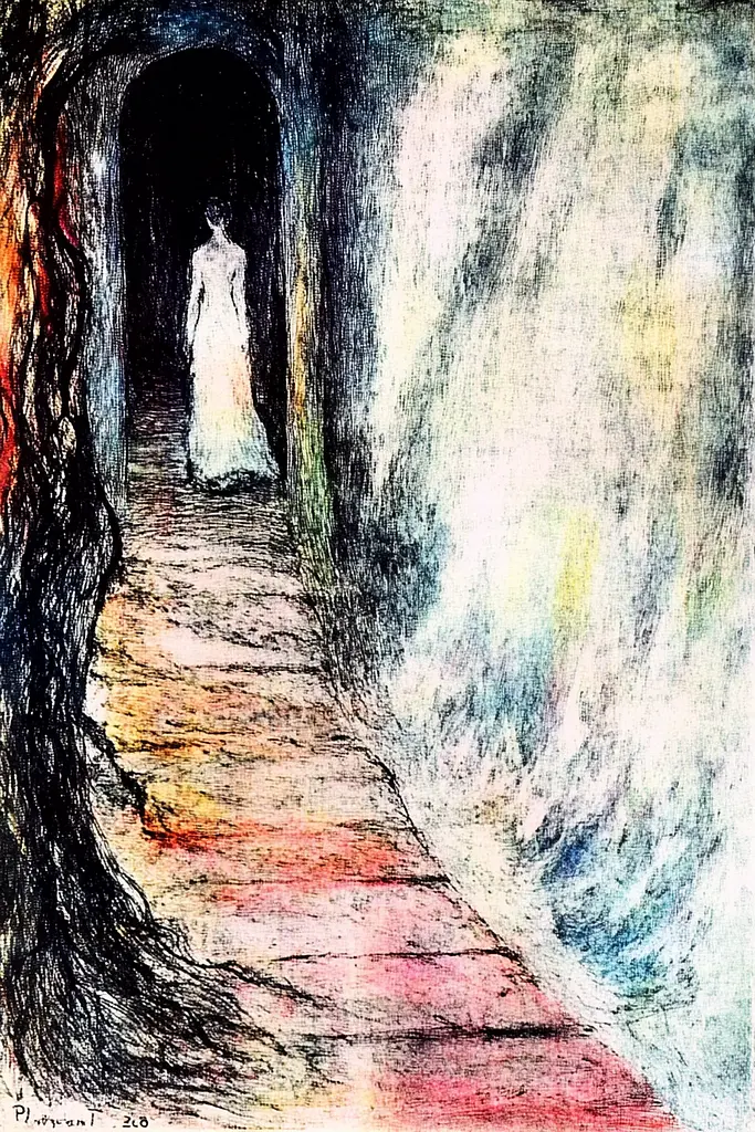 Midjourney generated image using SREF code Psycho-Dreamland: A drawing of a woman walking down a path in a tunnel.