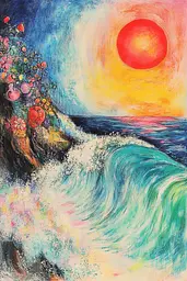 Midjourney generated image using SREF code Psycho-Dreamland: A painting of a sunset over the ocean with a wave.