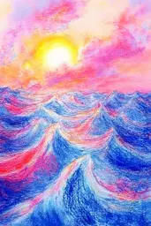 Midjourney generated image using SREF code Psycho-Dreamland: A drawing of a sunset over the ocean.