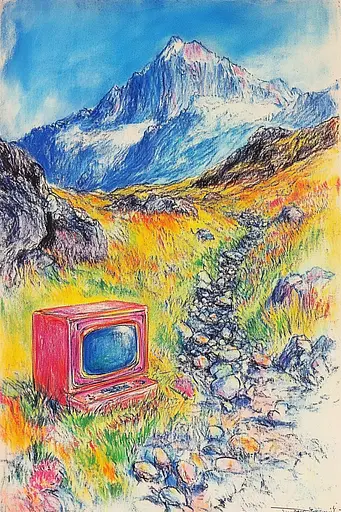 Midjourney generated image using SREF code Psycho-Dreamland: A drawing of an old television sitting in the middle of a field.