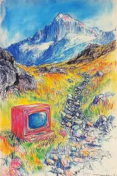 Midjourney generated image using SREF code Psycho-Dreamland: A drawing of an old television sitting in the middle of a field.