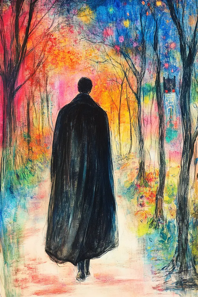 Midjourney generated image using SREF code Psycho-Dreamland: A painting of a person walking down a path in the woods.