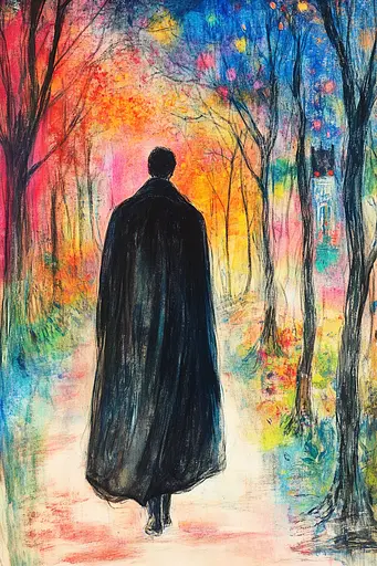 Midjourney generated image using SREF code Psycho-Dreamland: A painting of a person walking down a path in the woods.