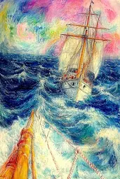 Midjourney generated image using SREF code Psycho-Dreamland: A painting of a sailboat in a stormy sea.