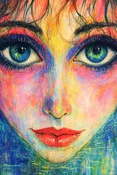 Midjourney generated image using SREF code Psycho-Dreamland: A painting of a woman's face with blue eyes.