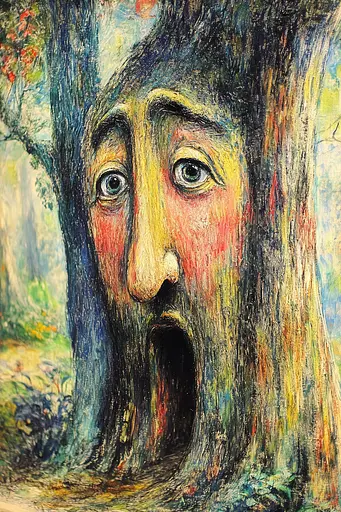 Midjourney generated image using SREF code Psycho-Dreamland: A painting of a man's face in a tree.